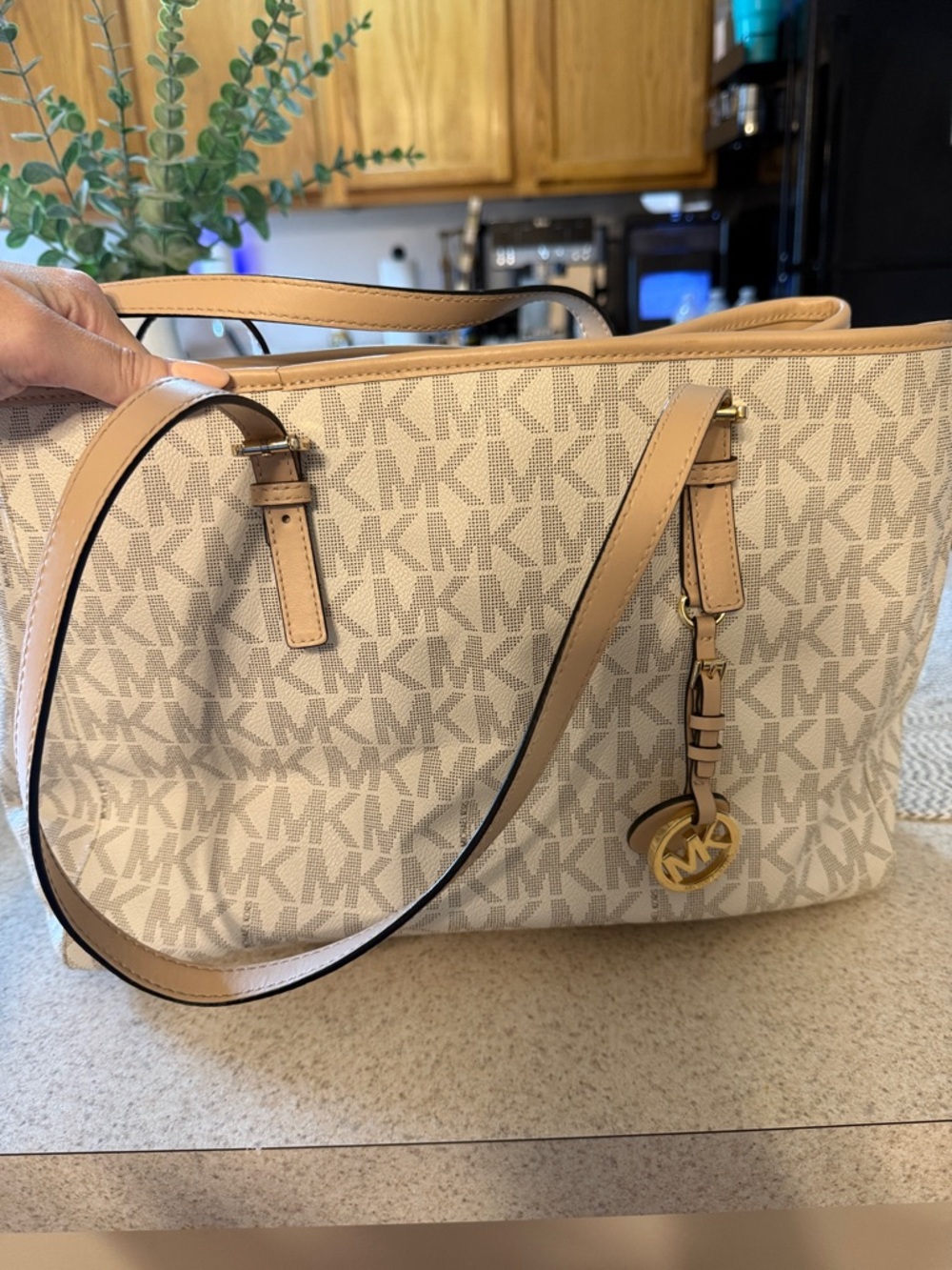 Michael Kors Beige Logo Tote with Tan Trim and Gold Charm